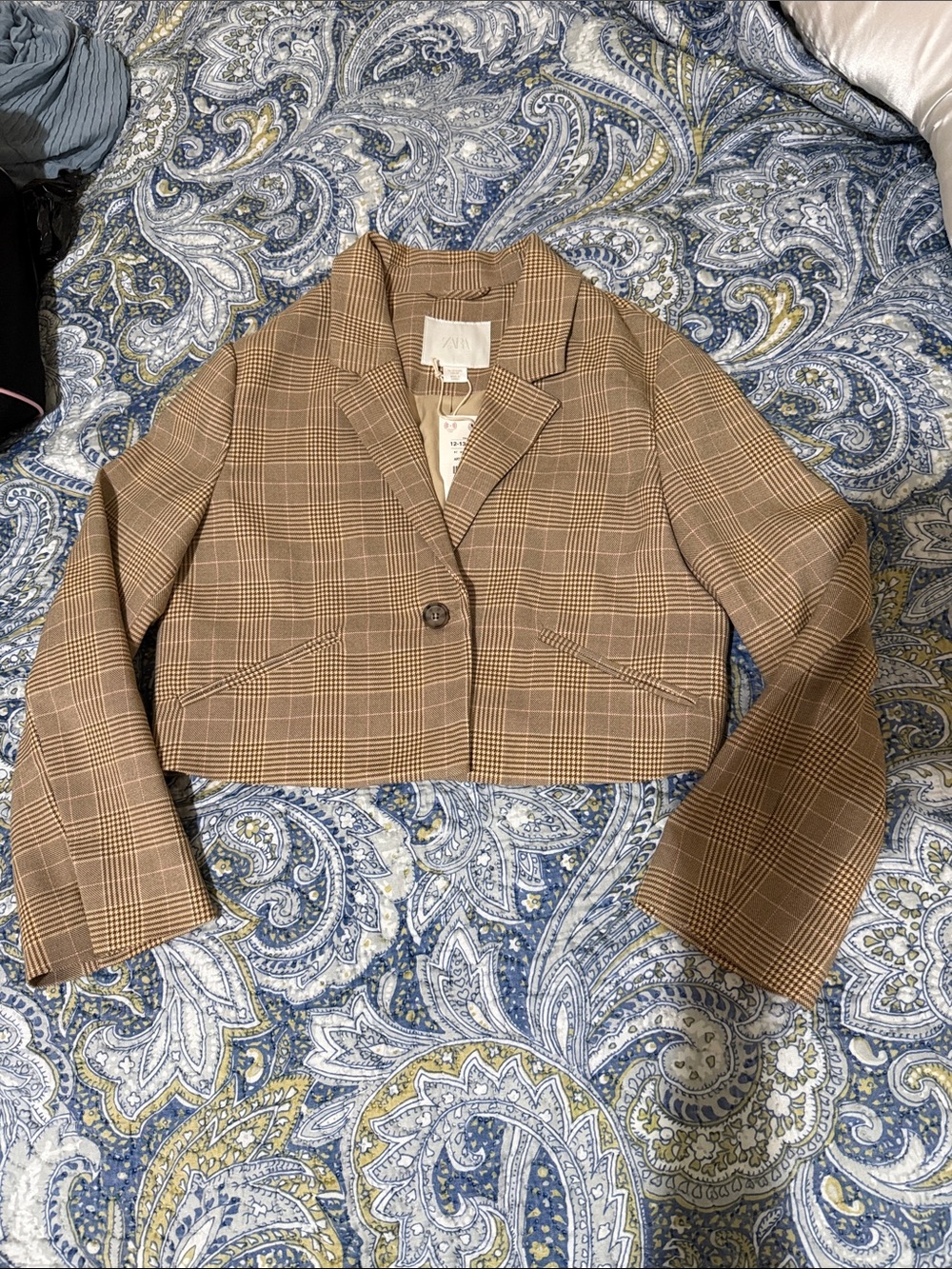 Zara Cropped Plaid Blazer Jacket - Brown/Beige
